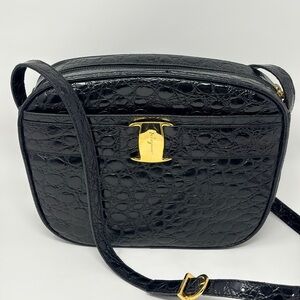 Salvatore Ferragamo Black Croc-embossed Leather Crossbody